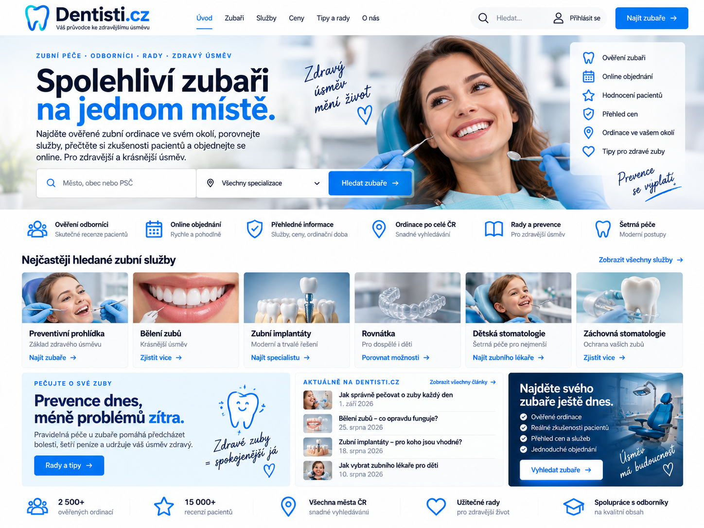 Ilustrační návrh moderního stomatologického portálu pro ordinace, prevenci a zdravý úsměv na doméně Dentisti.cz
